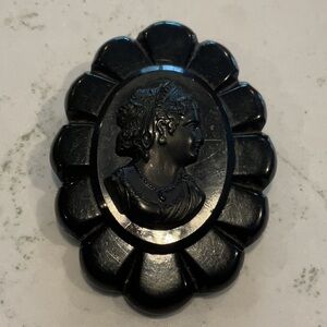Vintage Black Celluloid Large Cameo Brooch